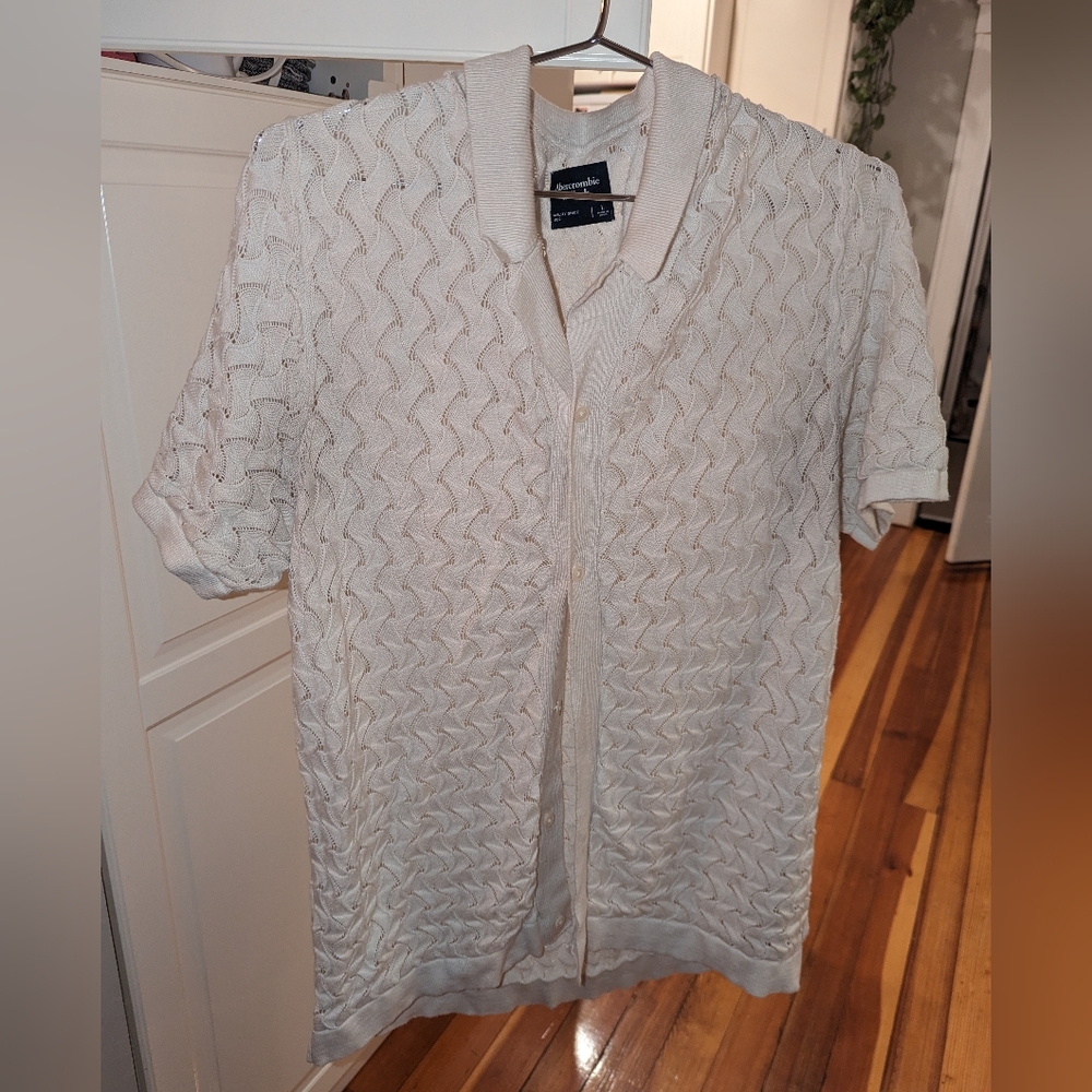 Abercrombie & Fitch Crochet Button-Through Sweater Polo off white